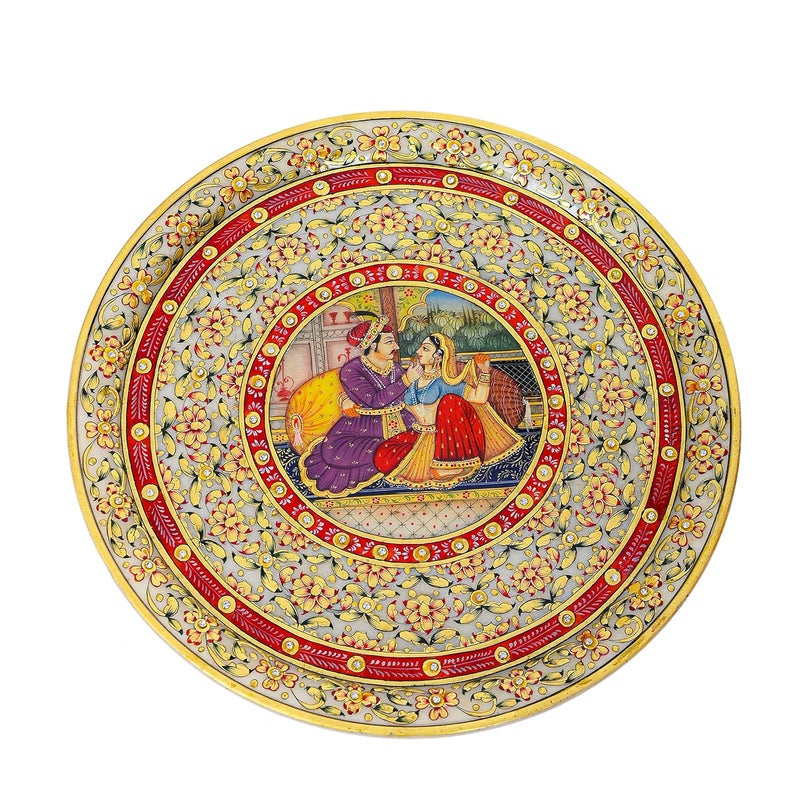 ARTS & CRAFTS ARTS CRAFTS MARBLE 24 CRTS GOLD HAND PAINTED PLATE MULTI COLOUR FINE WORK 2 FIGURES MUGHAL LOVE POTRAIT FLORAL BORDER - Image 5