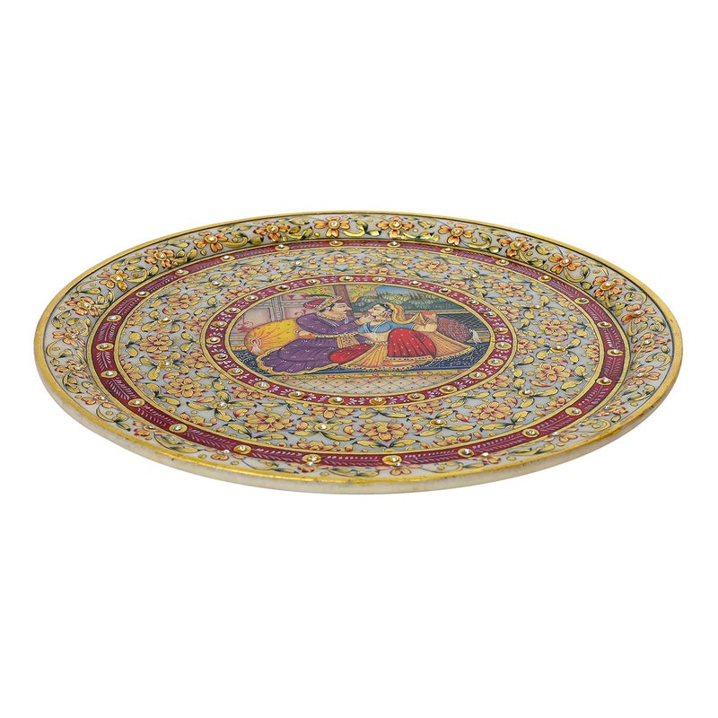 ARTS & CRAFTS ARTS CRAFTS MARBLE 24 CRTS GOLD HAND PAINTED PLATE MULTI COLOUR FINE WORK 2 FIGURES MUGHAL LOVE POTRAIT FLORAL BORDER - Image 3