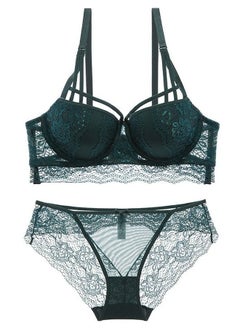 Comfy Solid Color Thick Cup Lace Bra And Panty Set Dark Green