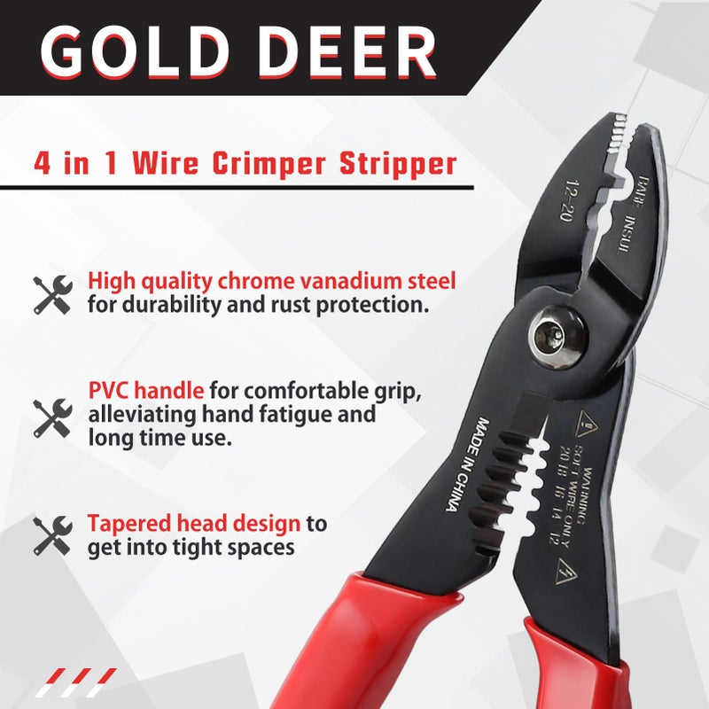 GOLD DEER 4 in 1 Wire Crimper Stripper 7 Inches Compact Wire Stripper Multi Purpose Electricians Pliers Professional Electrical Cable Stripping Crimping Tool 12-20 AWG Wire for Household Industrial - Image 2