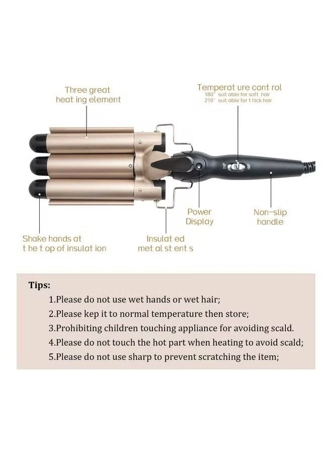 3-Barrel Curling Iron Wand Hair Crimper Golden/Black - Image 3