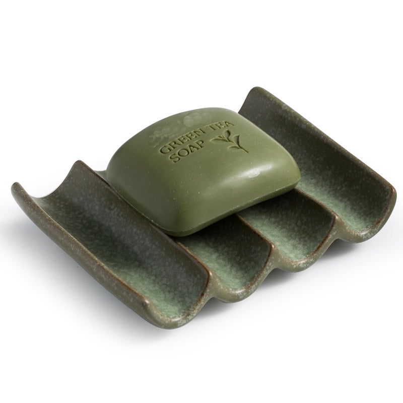 Cormomu Draining Ceramic Soap Dish - Fluted Design, Bar Soap Holder for Shower & Bathroom, Soap Saver Sponge Lift, Green - Image 1