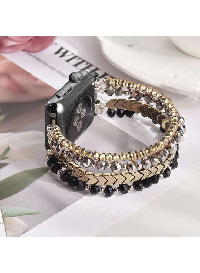 MOFREE Beaded Bracelet Compatible with Apple Watch Band 42mm/44mm/45mm/49mm/46mm Series 10/9/8/7/SE/6/5/4/3/2/1 Women Fashion Handmade Elastic Stretch Strap for iWatch Bands Replacement Black - Image 2