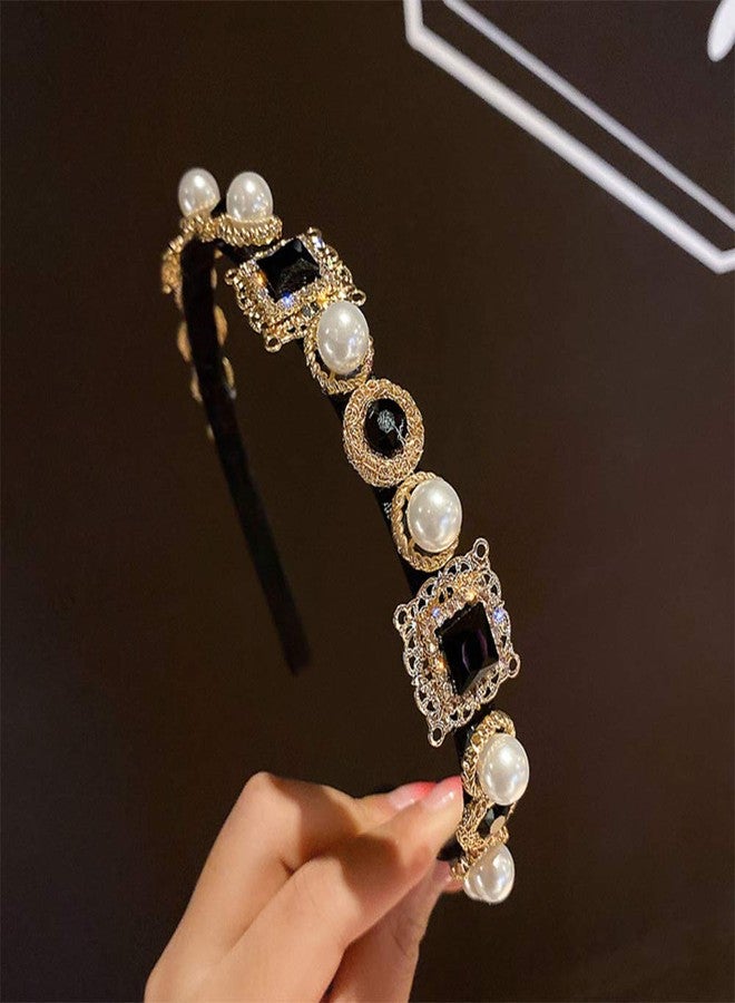 Aimimier Baroque Black Crystal Headband Vintage Crystal Faux Pearl Crown Delicate Bridal Rhinestone Hair Hoop for Women (Style 1) - Image 2