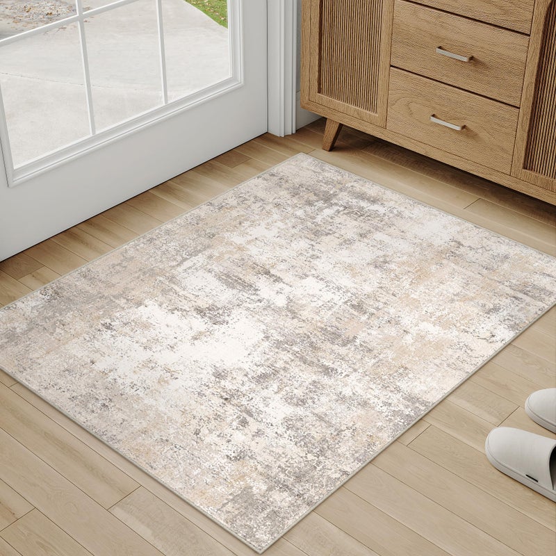 WondRg 2x3 Washable Area Rug Beige Grey Abstract Entryway Kitchen Throw Rug Neutral Modern Non Slip Soft Low Pile Small Carpet for Bathroom Living Room Bedroom - Image 5
