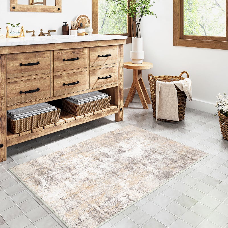 WondRg 2x3 Washable Area Rug Beige Grey Abstract Entryway Kitchen Throw Rug Neutral Modern Non Slip Soft Low Pile Small Carpet for Bathroom Living Room Bedroom - Image 4