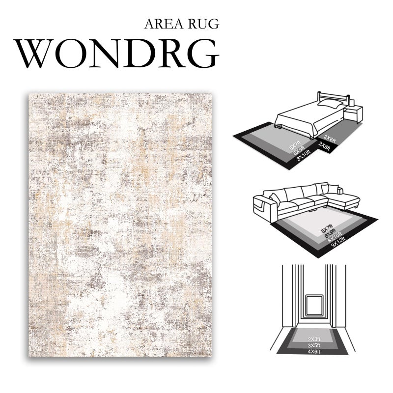 WondRg 2x3 Washable Area Rug Beige Grey Abstract Entryway Kitchen Throw Rug Neutral Modern Non Slip Soft Low Pile Small Carpet for Bathroom Living Room Bedroom - Image 2