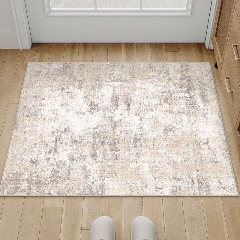WondRg 2x3 Washable Area Rug Beige Grey Abstract Entryway Kitchen Throw Rug Neutral Modern Non Slip Soft Low Pile Small Carpet for Bathroom Living Room Bedroom - Image 3