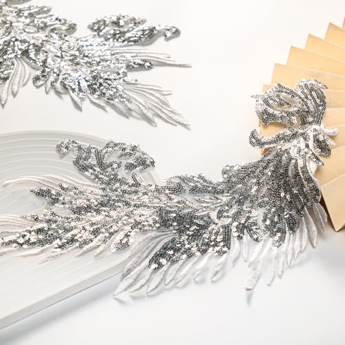 Silvora Pair Embroidery Phoenix Costume Sequin Appliques Patches, Peacock Feather Tail Applique Embellishments for Dance Dresses,Clothes,T-Shirt，Neckline Bodice Pants (Silver) - Image 4