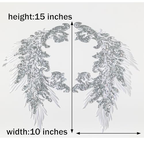 Silvora Pair Embroidery Phoenix Costume Sequin Appliques Patches, Peacock Feather Tail Applique Embellishments for Dance Dresses,Clothes,T-Shirt，Neckline Bodice Pants (Silver) - Image 3