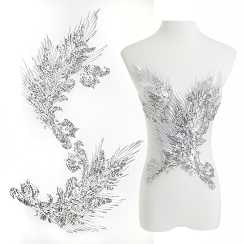 Silvora Pair Embroidery Phoenix Costume Sequin Appliques Patches, Peacock Feather Tail Applique Embellishments for Dance Dresses,Clothes,T-Shirt，Neckline Bodice Pants (Silver) - Image 1