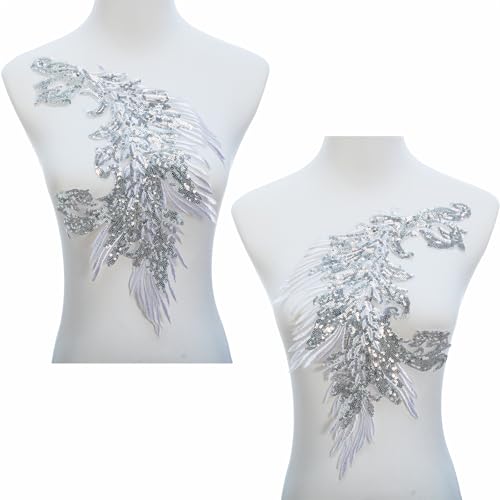 Silvora Pair Embroidery Phoenix Costume Sequin Appliques Patches, Peacock Feather Tail Applique Embellishments for Dance Dresses,Clothes,T-Shirt，Neckline Bodice Pants (Silver) - Image 2