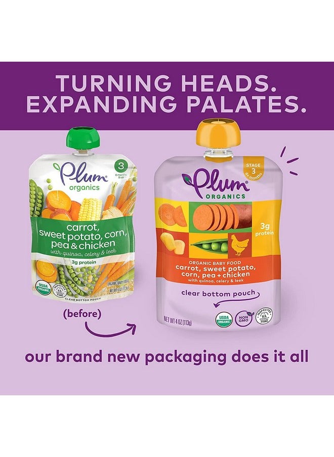 بلام أورجانيكس طعام الأطفال العضوي من Plum Organics المرحلة 3 - الجزر والبطاطا الحلوة والذرة والبازلاء والدجاج - كيس 4 أونصة (عبوة من 12 قطعة) - كيس طعام الأطفال العضوي  - Image 1
