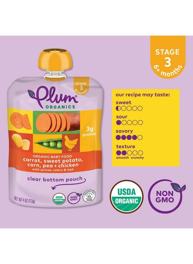 بلام أورجانيكس طعام الأطفال العضوي من Plum Organics المرحلة 3 - الجزر والبطاطا الحلوة والذرة والبازلاء والدجاج - كيس 4 أونصة (عبوة من 12 قطعة) - كيس طعام الأطفال العضوي  - Image 2