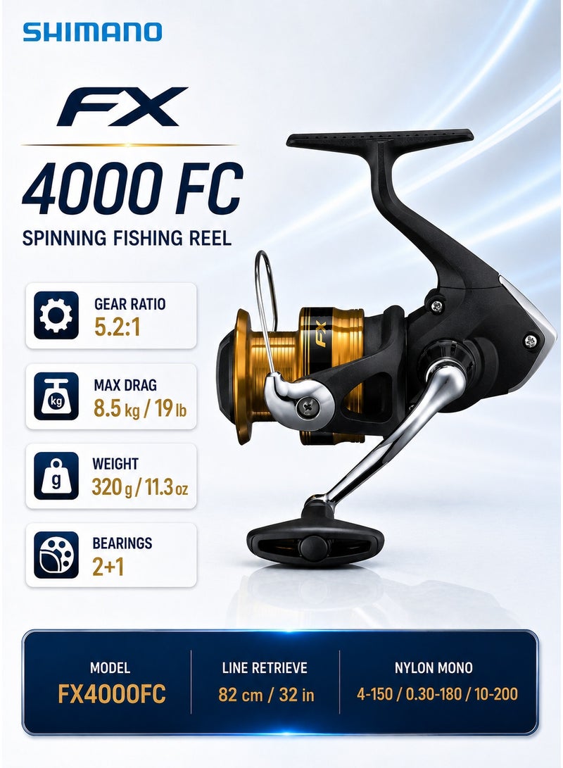 Shimano FX 4000 FC Spinning Fishing Reel (Reel Only, Boxed), 5.2:1 Gear Ratio, 8.5kg Front Drag, 2+1 Bearings, AR-C Propulsion Spool, Saltwater & Freshwater - Image 1