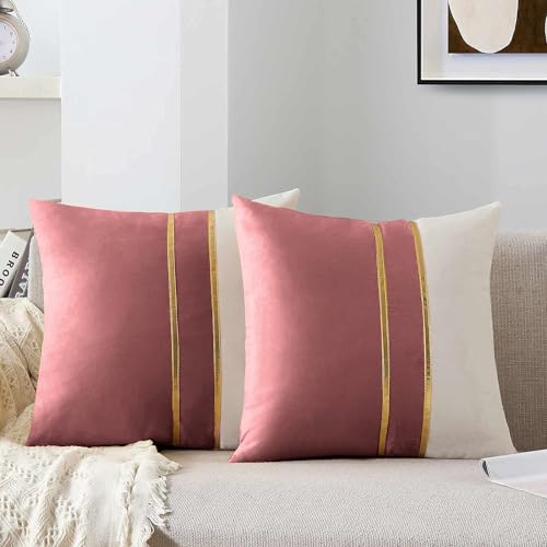 AEROHAVEN™ Set of 2 Premium Velvet with Gold Stripes Decorative Throw Pillow/Cushion Covers with Invisible Zipper - (20 x 20 Inch, Rose Gold) - Image 1