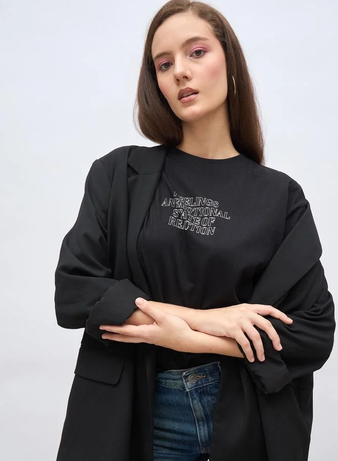 Styli Styli Black Slogan Print Oversized T-Shirt