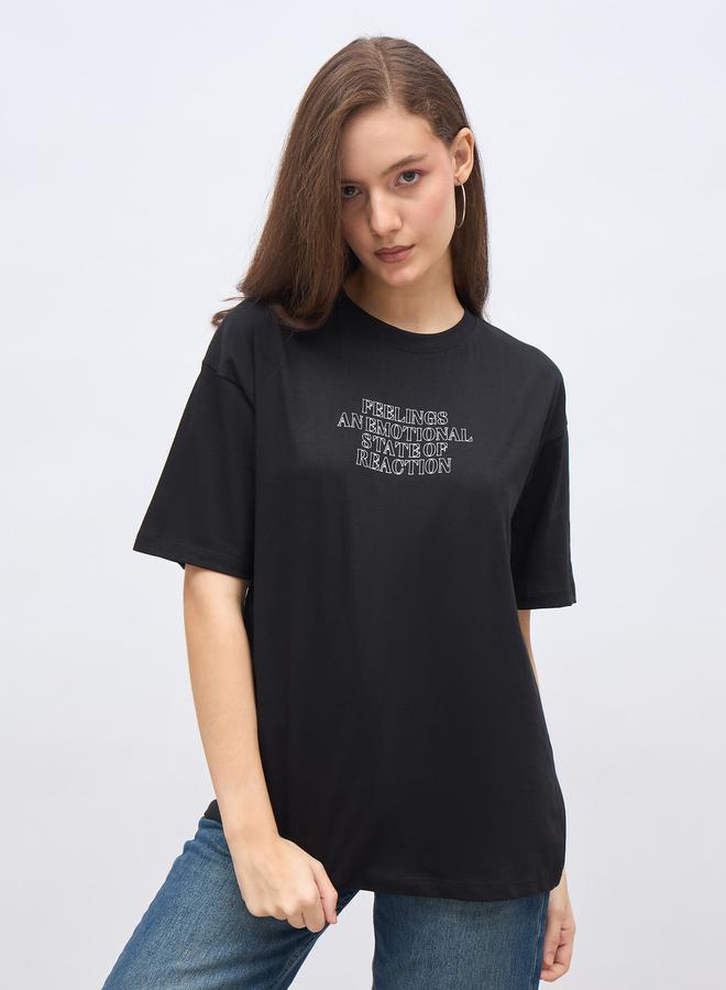 Styli Black Slogan Print Oversized T-Shirt - Image 1