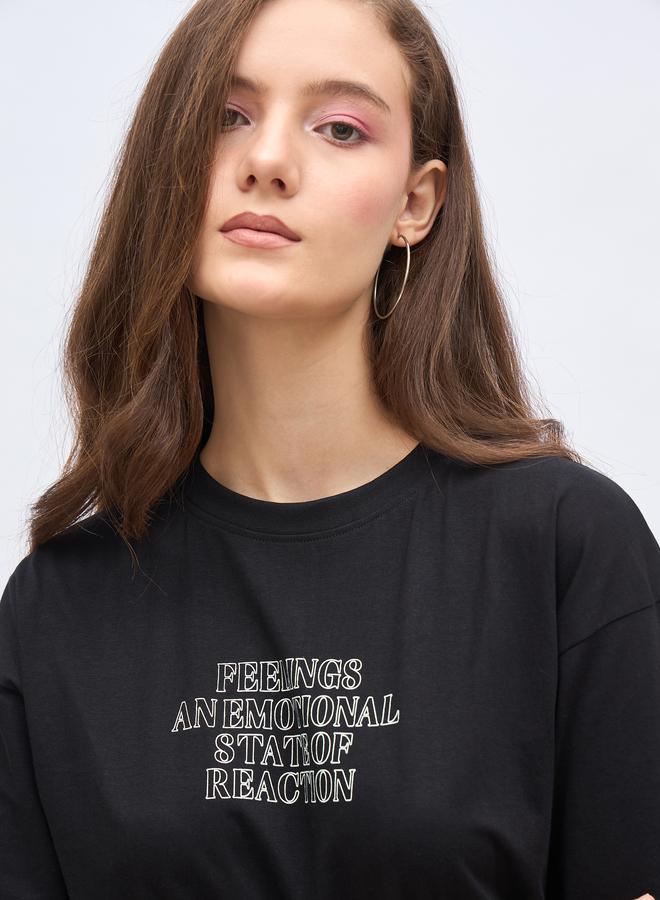 Styli Black Slogan Print Oversized T-Shirt - Image 4