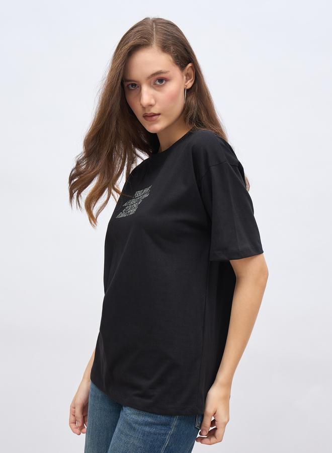 Styli Black Slogan Print Oversized T-Shirt - Image 3
