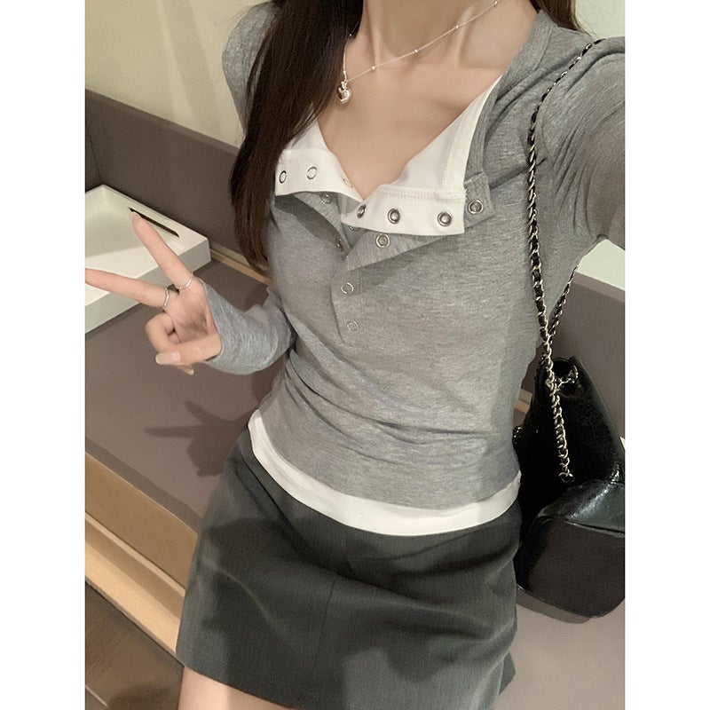 Fake Two-piece Half-open Collar Shoulder Long-sleeved Base Shirt Womens Autumn Slim-fit Slimming T-shirt with Chic and Beautiful Top Coffee - Image 2