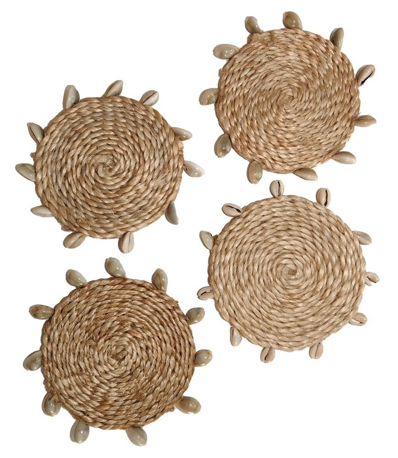 MaatirDesigns Hand Crafted Jute Round Coasters with Shells Set of 4 - Image 1