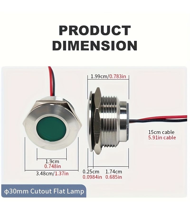 30mm LED Metal Indicator Light Panel Mount Flat Head Wire Red Yellow Green Blue White Warning Indicator Light 2pcs Green 12 24V Suitable For Various Devices DIY Product - Image 1