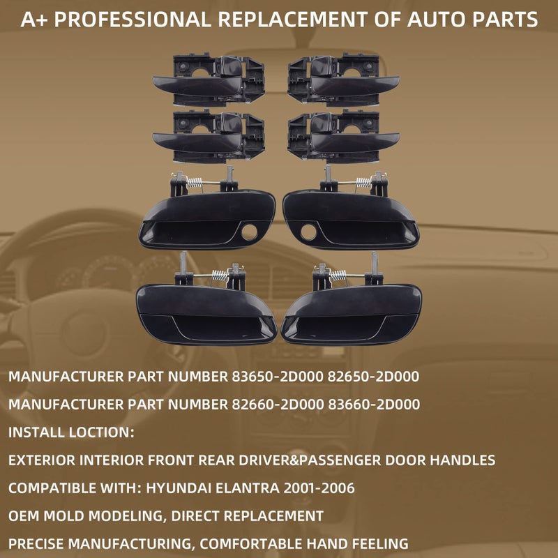 Dasbecan Dasbecan 8Pcs Exterior Interior Driver Passenger Side Front Rear Door Handles Compatible with Hyundai Elantra 2001-2006 Replaces# 83650-2D000 82650-2D000 82660-2D000 83660-2D000  - Image 2