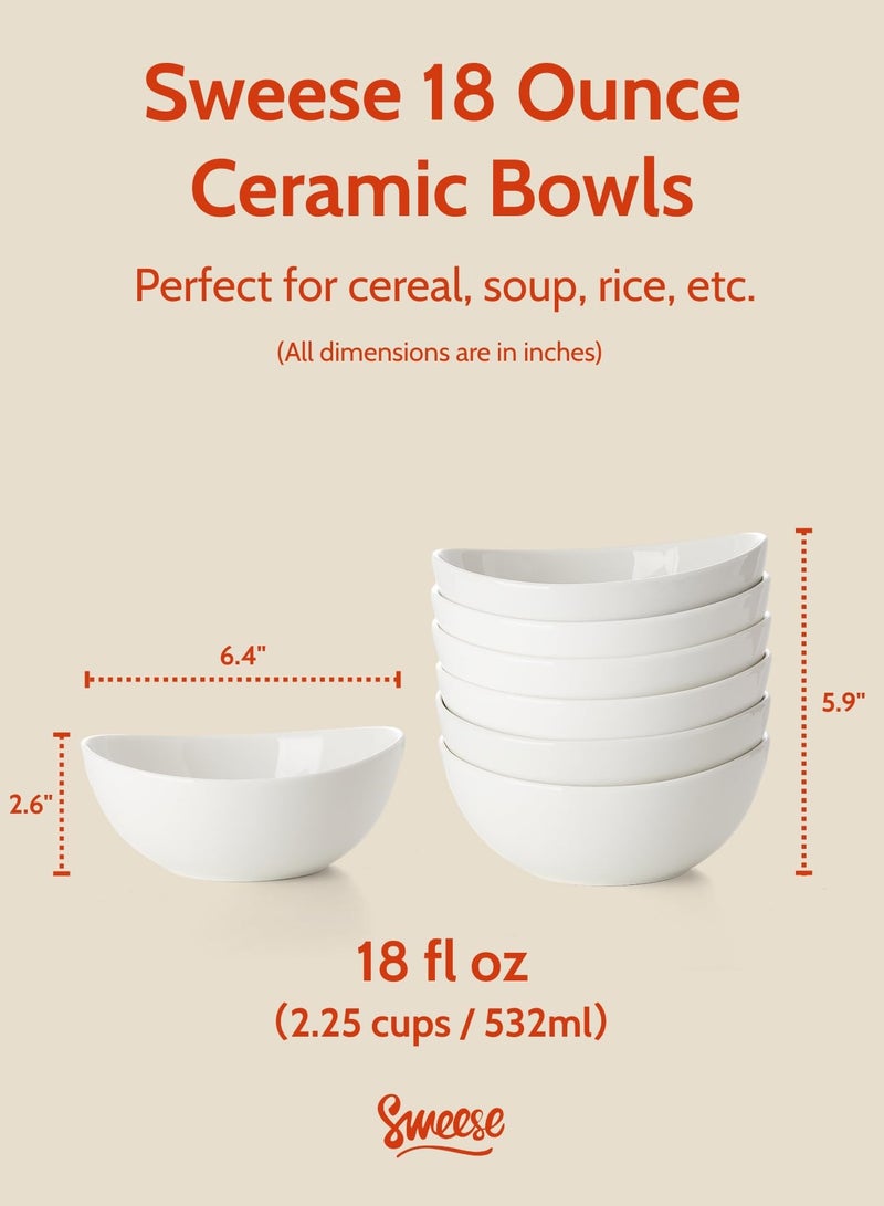 Sweese 18 oz Medium White Porcelain Bowls - Set of 6 Cereal, Soup, Rice & Salad Bowls, Ceramic Serving Bowls for Everyday Use - Image 2