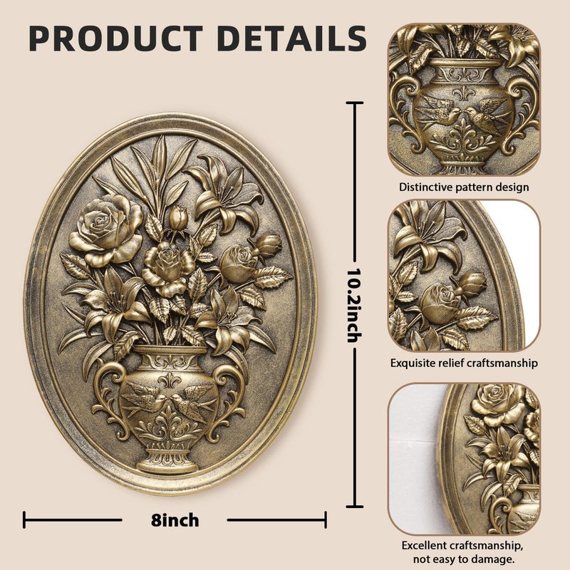 Newinhome Vintage Flower Wall Sculpture, Antique Wall Decor, Hand Painted Wall Decorations with Embossed Flower Design, Antique Pediment, Gold Decor for Living Room Bedroom Hallway, Unique Gifts - Image 3