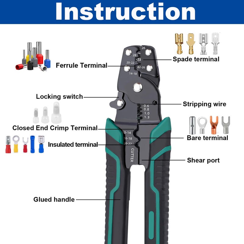 Tnisesm Wire Crimping Tool 26-10 AWG, Crimping Pliers with Stripper Cutter for Open Barrel Terminals and Heat Shrink Connectors - Image 3