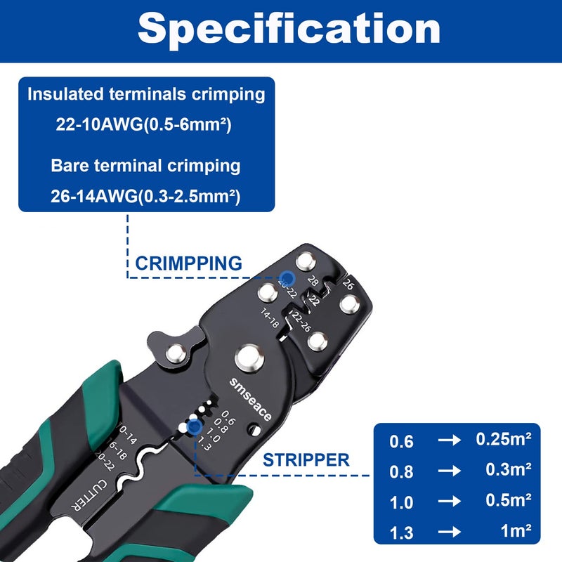 Tnisesm Wire Crimping Tool 26-10 AWG, Crimping Pliers with Stripper Cutter for Open Barrel Terminals and Heat Shrink Connectors - Image 5