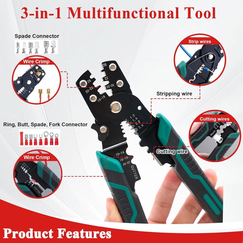 Tnisesm Wire Crimping Tool 26-10 AWG, Crimping Pliers with Stripper Cutter for Open Barrel Terminals and Heat Shrink Connectors - Image 2
