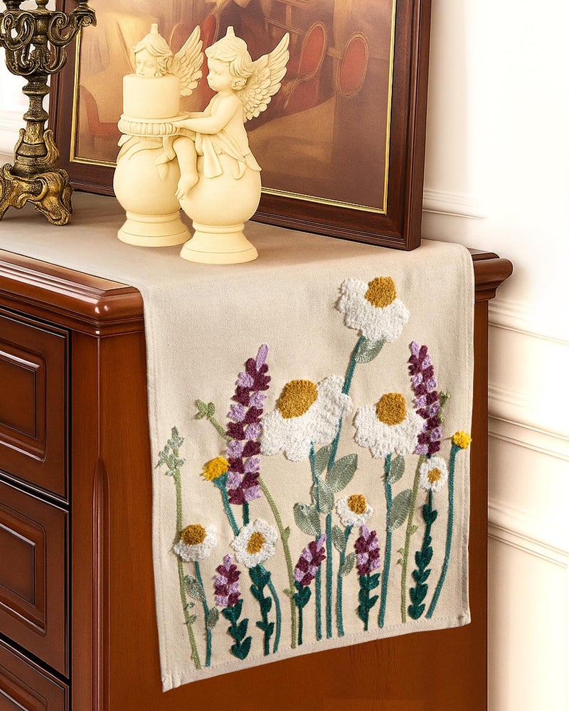 Kokaaee Canvas Embroidered Table Runner - 13x72 Inch Spring Floral Runner for Table Decor Boho Farmhouse Retro Kitchen Dining for Home Party Living Room Decor, Wild Floral - Image 5