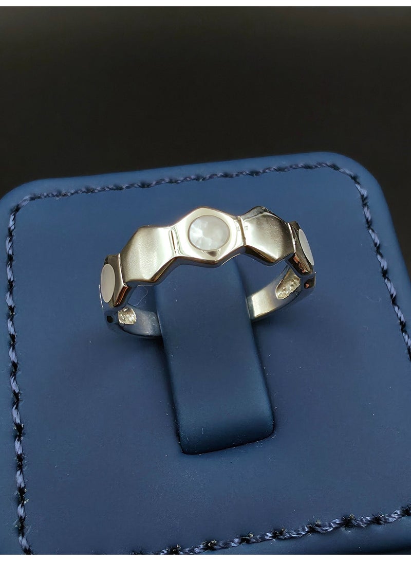Kanira Premium 925 Sterling Silver Minimalist Pearl Inlay Ring for Women | Modern 3-Stone Cabochon Ring | KANIRA | Size 7 - Image 2