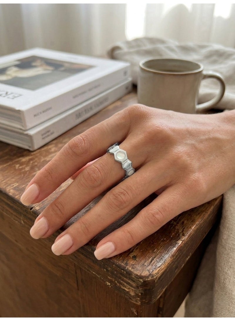 Kanira Premium 925 Sterling Silver Minimalist Pearl Inlay Ring for Women | Modern 3-Stone Cabochon Ring | KANIRA | Size 7 - Image 1