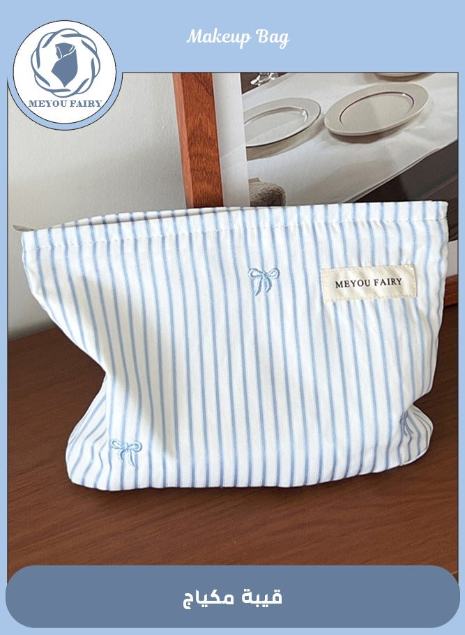MEYOU FAIRY Blue Stripe Canvas Makeup Bag with Bow, Large Travel Cosmetic Organizer Pouch, Waterproof Zipper Toiletry Bag for Women and Daily Use ,26x18x5cm - Image 2