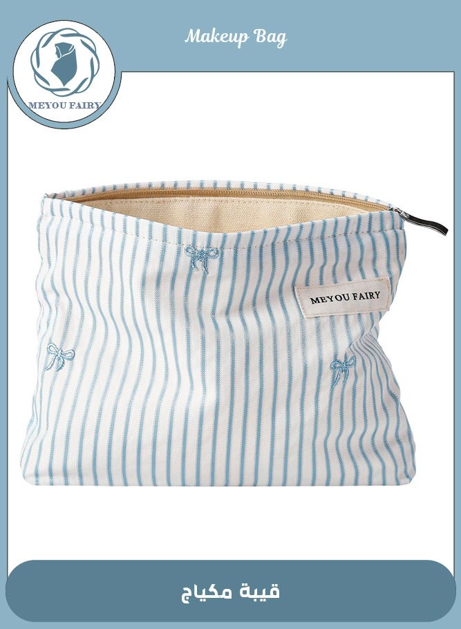 MEYOU FAIRY Blue Stripe Canvas Makeup Bag with Bow, Large Travel Cosmetic Organizer Pouch, Waterproof Zipper Toiletry Bag for Women and Daily Use ,26x18x5cm - Image 1