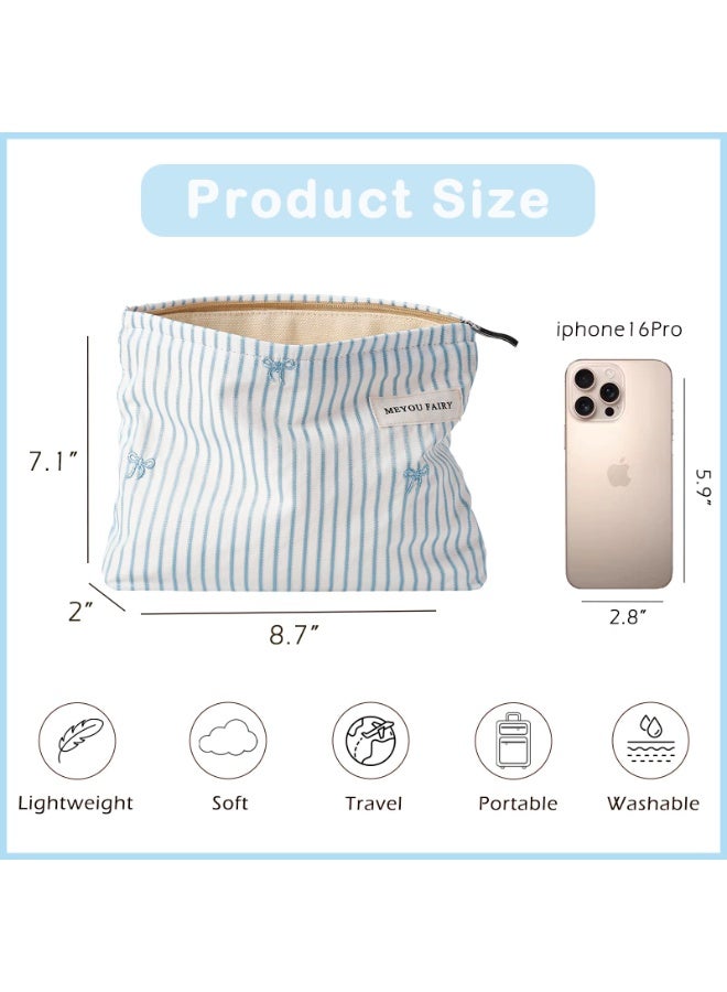 MEYOU FAIRY Blue Stripe Canvas Makeup Bag with Bow, Large Travel Cosmetic Organizer Pouch, Waterproof Zipper Toiletry Bag for Women and Daily Use ,26x18x5cm - Image 3