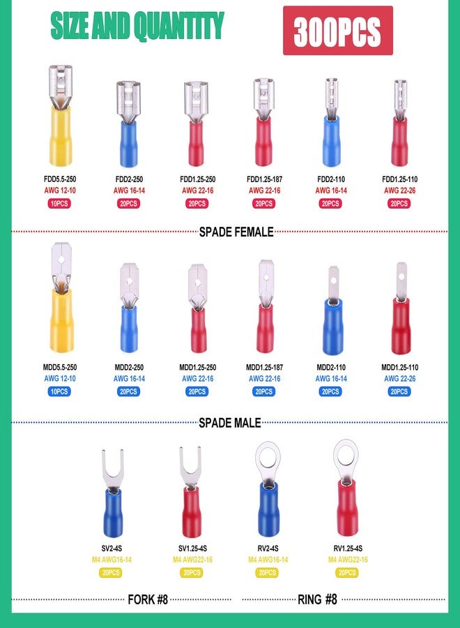 Twidec مجموعة موصلات تجعيد الأسلاك Twidec/300 قطعة، 16 نوعًا، من نوع Spade Crimp، بأحجام 2.8 مم/4.8 مم/6.3 مم، ذكر وأنثى. تتضمن المجموعة موصلات تجعيد الأسلاك المعزولة من نوع Spade Fork Ring، وأداة تجعيد الأسلاك مع قاطعة الأسلاك. - Image 5