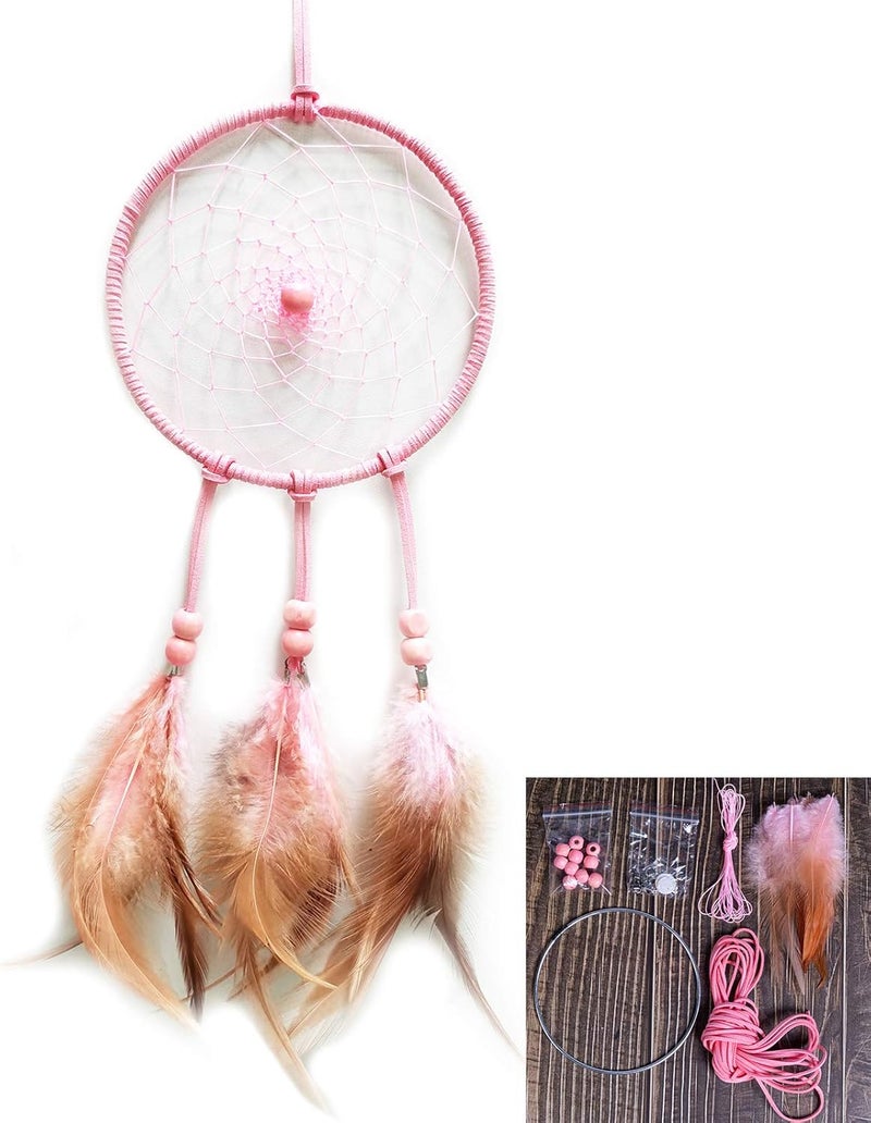 FANDOL DIY Dream Catcher Beginner Kit, Making Dream Catcher Supplies Include Metal Hoop, Feathers, Faux Suede Cord, Thread, Wood Beads (Pink) - Image 1