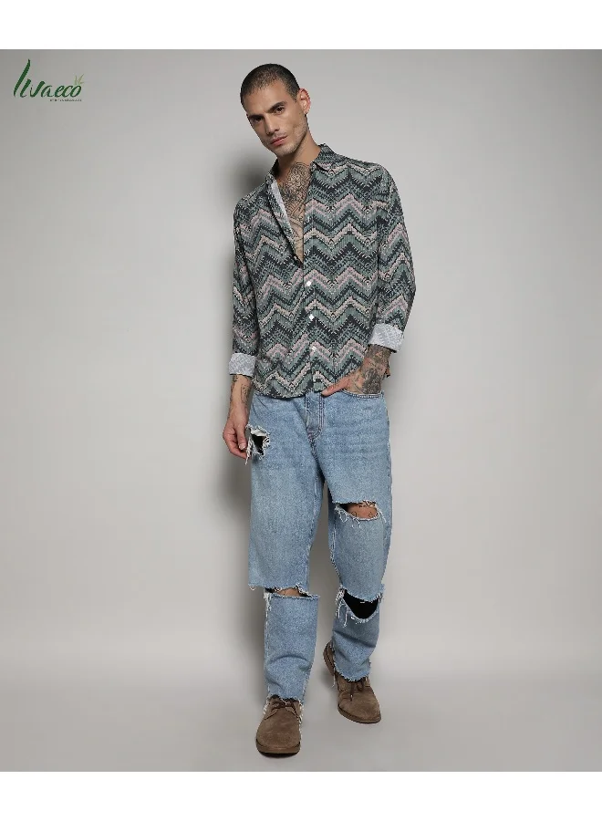 Campus Sutra Men's EcoLiva Olive Green Abstract Zig Zag Shirt