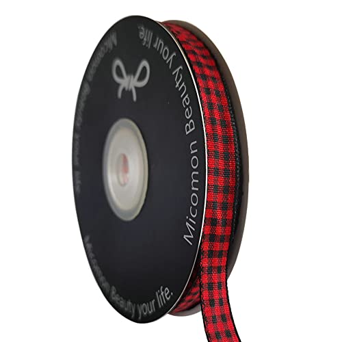 Micomon Red and Black Gingham Plaid Checked Ribbon 25 Yards Each Roll 100% Polyester (3/8",BlackRed) - Image 1