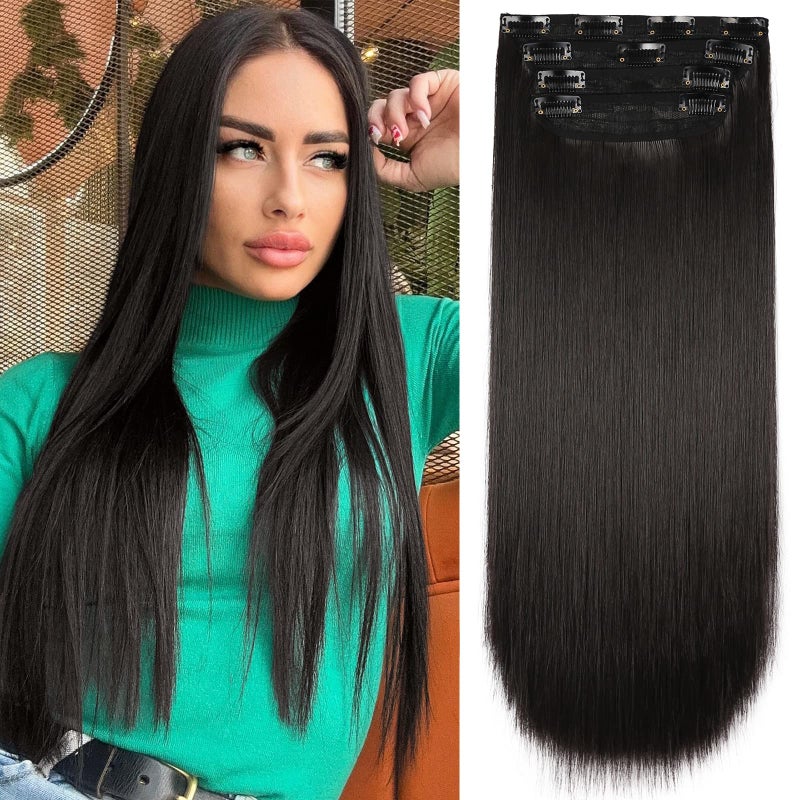 LEEONS Straight Hair Extensions Natural Black 4Pcs Clip in Hair Extensions Soft Extensions for Women 20 Inches Thick Hair Extensions Clip In(4pcs, 20Inch, 2#) - Image 1