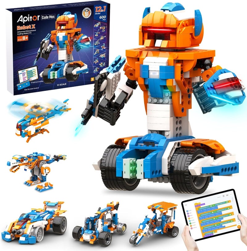أبيتور Apitor Robot X، ألع��ب روبوت STEM للأطفال من 8 إلى 12 سنة، لعبة برمجة للأولاد من 8 سنوات فما فوق، ألعاب STEM، مجموعة بناء روبوت 12 في 1، مجموعات علمية للأطفال، هدايا قابلة للبرمجة للأولاد في عيد الميلاد وعيد الميلاد - Image 1