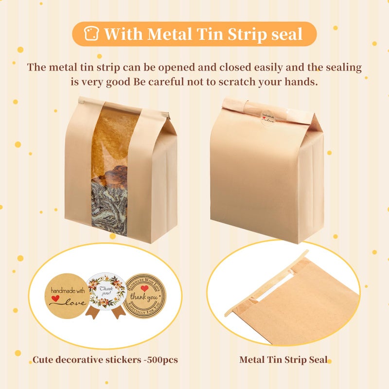 MOPKIUTR 60 Pack Large Kraft Paper Bread Loaf Bag with Tin Tie Tab Lock ï¼Œfor Homemade Bread Loaf Bags 14" x 8.3" x 3.5"ï¼ŒSourdough Bread Bags with Clear Front Window for Baked Food Packaging Storage. (60) - Image 2