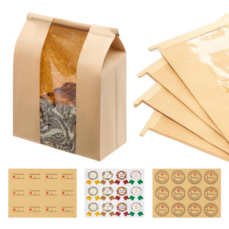 MOPKIUTR 60 Pack Large Kraft Paper Bread Loaf Bag with Tin Tie Tab Lock ï¼Œfor Homemade Bread Loaf Bags 14" x 8.3" x 3.5"ï¼ŒSourdough Bread Bags with Clear Front Window for Baked Food Packaging Storage. (60) - Image 1