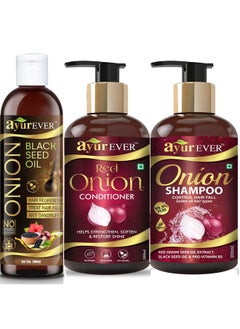 AYUREVER Onion Hair Growth Oil For Hair Care Products Kit For Men And Women - Black Seed Onion Hair Oil + Onion Shampoo + Onion Conditioner (Pack Of 3)  - Image 1