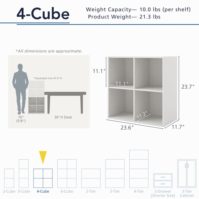 Homes: Inside + Out Apexa 4-Cube Storage Organizer Shelves, Stackable Wood Bookcase Fits Cubby Bins for Organization, Dorm Teen Room Decor & Home Office, White - Image 2