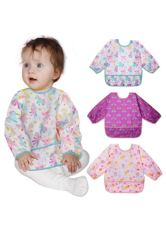 Lictin 3 Pack Baby Bibs For Boy Or Girl Cute Long Sleeve Bib Waterproof Bibs For Toddlersadjustable Closure Baby Smock Mess Proof Baby Bib 624 Months Reusable Infant Baby Bibs  - Image 1